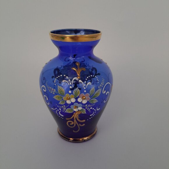Vintage Murano Hand-Painted Cobalt Blue Glass Vase With Gold Accents & Floral De - Picture 6 of 12